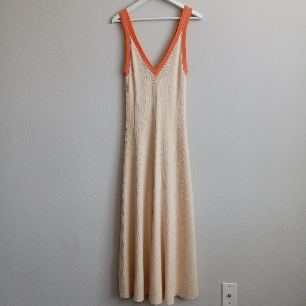 Sandro Piana V Neck Ribbed Midi Dress Ecru Orange Boarder Stripe 42 - Picture 7 of 16